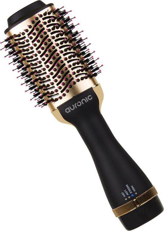 Auronic 3-in-1 Föhnborstel - Airstyler - Stijlen, Krullen en Extra Volume - Multistyler - Krulborstel - Warmteborstel - 360 Flow - 1000W - Ø 45 mm - Zwart/Goud