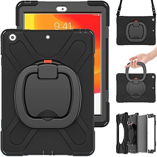 YEOU Commute Case voor iPad mini6, zware stabiele schokbestendige kinderhoes met displaybeschermfolie 3-in-1 schokbestendige bumper met 360° ringhouder standaard draagriem (zwart)