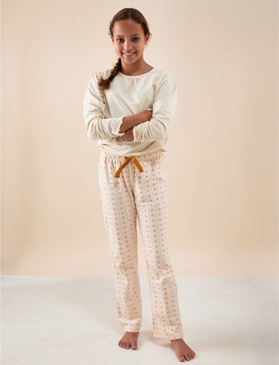 Little Label - kate meisjes pyjama-set - wit bloemetjes verticaal - 10Y/134-140 - extra zachte bio-katoen