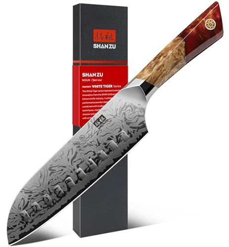 SHAN ZU Japans Santoku Mes 18 cm Damascusstaal Koksmes SG2 Poederstaal