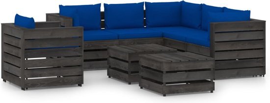 The Living Store Loungeset Pallet Grenenhout - 6-delig - Blauw kussen - 100% Polyester - 69x70x66cm - 60x70x66cm - 60x62x37cm - 77x70x66cm