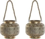 Support de bougie/lanterne coupe-vent 2x pièces doré métal 26 x 22 cm avec corde