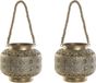 Merkloos 2x stuks kaarshouder/windlicht goud metaal 26 x 22 cm met touw