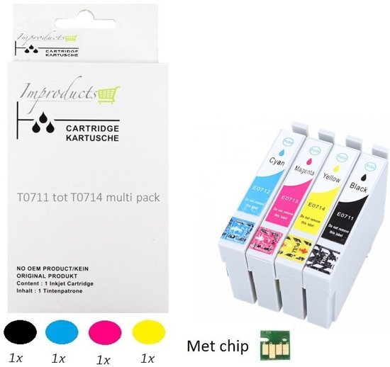 Improducts Â® Huismerk Inktcartridge Alternatief Epson T0715 inktcartridges, 4 pack (1x zwart T0711, 1x cyaan T0712, 1x magenta T0713, 1x geel T0714) = 1x Multipack