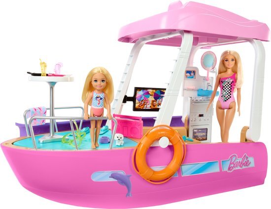 Barbie Boot met zwembad en glijbaan, Droomboot Speelset met meer dan 20 onderdelen, zoals een dolfijn en accessoires HJV37