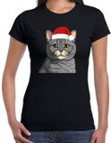 Bellatio Decorations Kerst T-shirt voor dames - lichtgrijze kat/poes met kerstmuts - zwart - Kerstfeest L