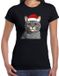 Bellatio Decorations Kerst T-shirt voor dames - lichtgrijze kat/poes met kerstmuts - zwart - Kerstfeest L