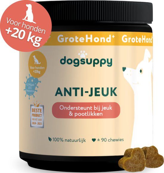 Dogsuppy GroteHond⁺ Anti-Jeuk - Zonder vlees - 100% natuurlijk - 90 grote snoepjes - Bij Gevoelige Huid, Krabben, Poten likken en Allergieën - Ondersteunt Gezonde Darmflora, Rustige Huid & Natuurlijke Balans - Voor Grote Honden +20kg