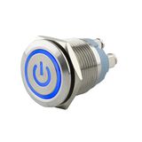 SeKi Roestvrijstalen drukknop Ø19mm tastend platte kop gekleurd verlicht powersymbool in blauwe schroefaansluiting; belknop