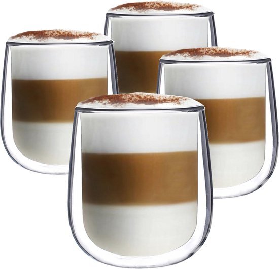 Altom Design Luxe Dubbelwandige Theeglazen - Cappuccino Glazen - Koffieglas dubbelwandig - Theeglas Dubbelwandig 350ML - Set Van 4