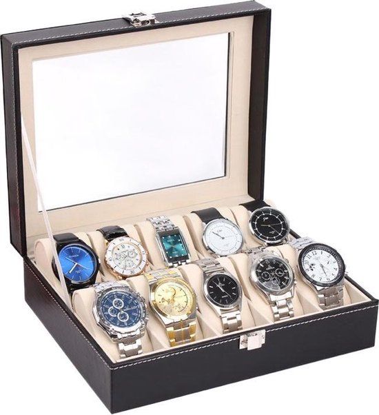 Aretica Luxe horloge box voor 10 horloges - Zwart leer
