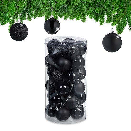 Relaxdays Kerstballen - set van 30 - plastic - Ø 6 cm - onbreekbaar - zwart
