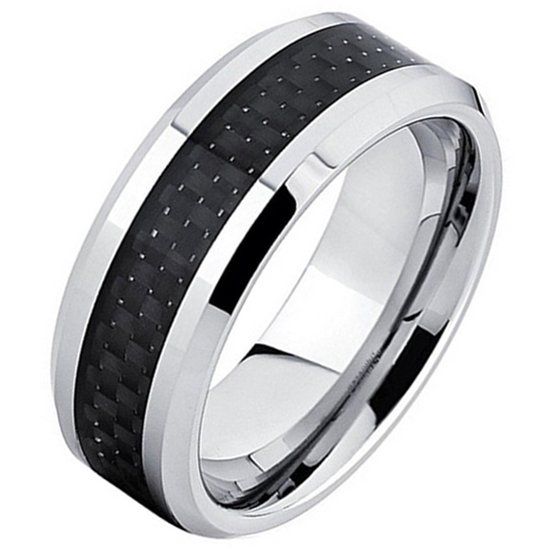 Mendes Jewelry Wolfraam ring Carbon Fiber Zilverkleurig Zwart 8mm-21mm