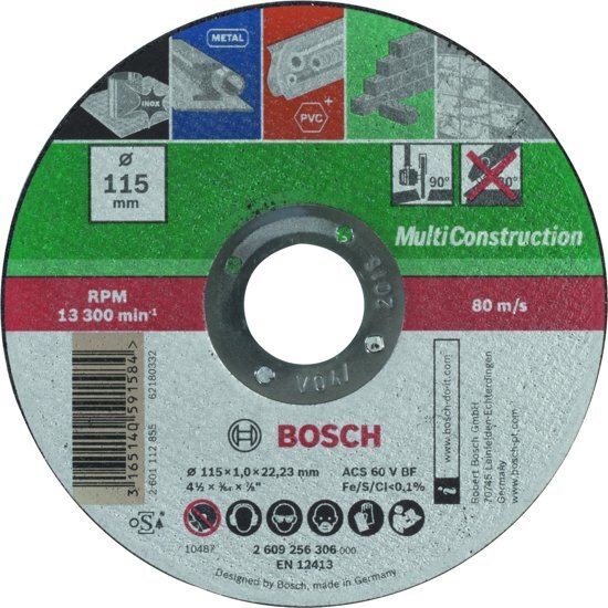 Bosch doorslijpschijf - Voor metaal, Inox, steen, marmer en kunststoffen - 115 x 1,0 mm - recht - 1 stuk