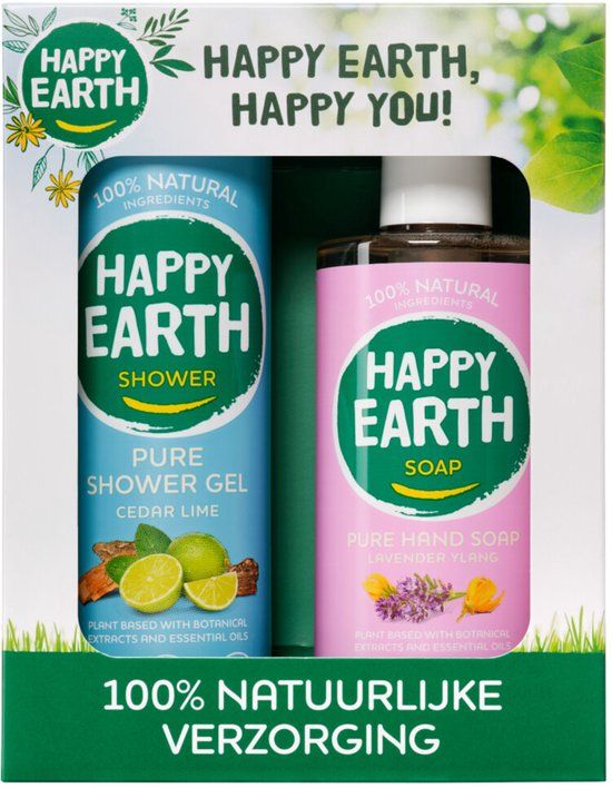 Happy Earth Cadeauset Cedar Lime Douchegel & Lavender Ylang Handzeep - 100% Natuurlijk - Giftset - 2x300mL