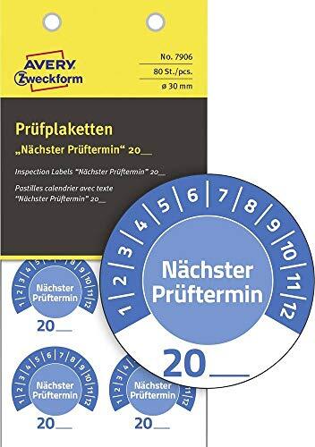 Avery 80 stuks teststickers Volgende testdatum 20 (met jaarnummer om zelf in te vullen, duurzaam, zelfklevend, 30 mm, teststickers, testzegel van vinyl) 7906 blauw