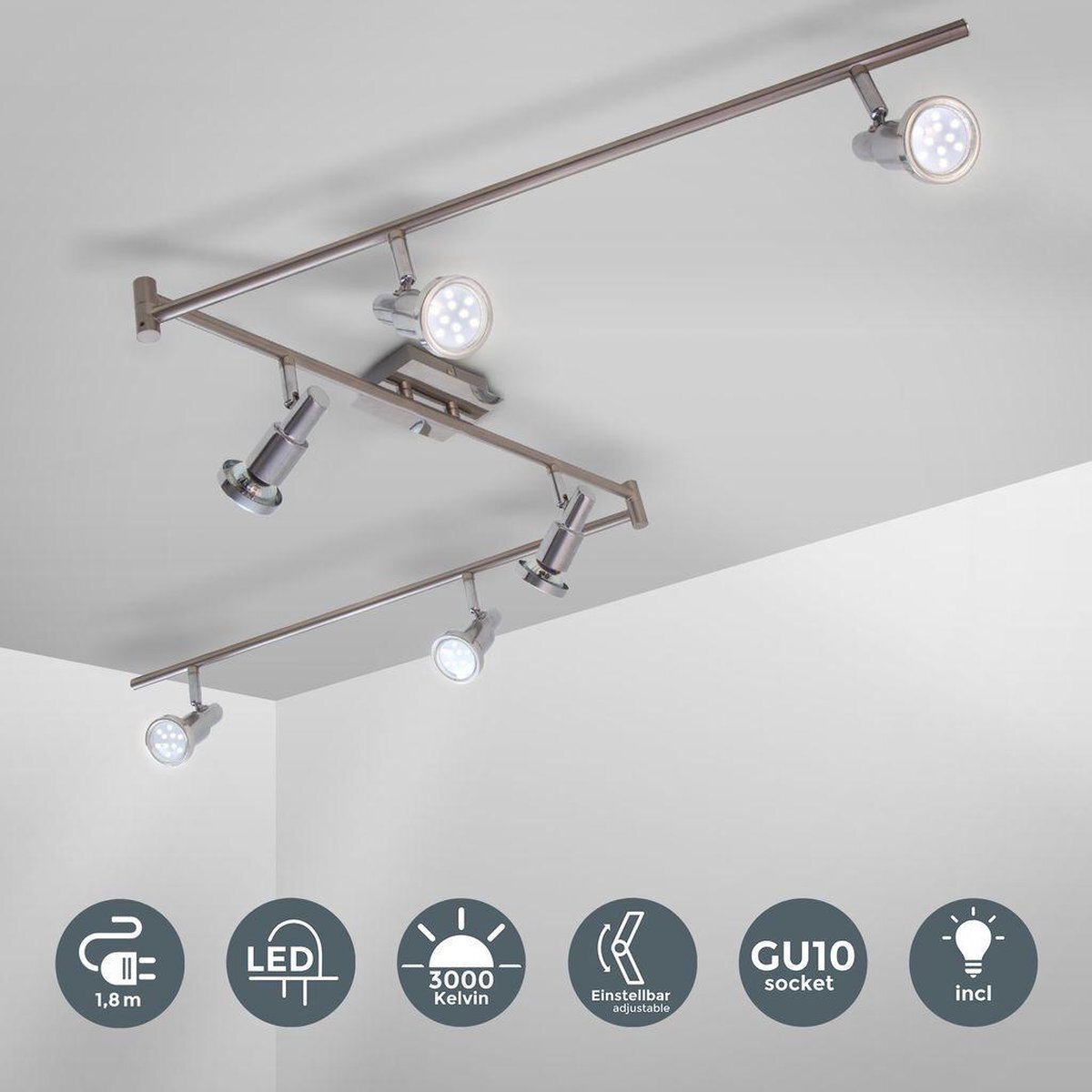 B.K.Licht - LED Opbouwspots met 6 lichtpunten - GU10 fitting - draaibare opbouwspots - plafondspots - 180cm - incl. 6x GU10 - 3.000K - 400Lm