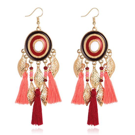 Deja Jewels Lookinggoodtoday Statement Oorbellen met Ronde Hanger, Bedeltjes en Kwastjes - rood