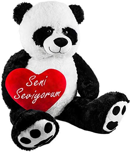 BRUBAKER XXL Panda 100 cm groot met Seni Seviyorum hart knuffeldier teddybeer