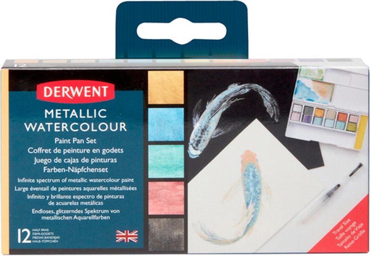 Derwent Inktense Metallic Verfset op Reisformaat, Bevat 12 Kleuren, Waterbrush en Spons, Verven, Ideaal voor Knutselen, Professionele Kwaliteit, 2305657