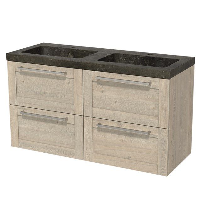 Maxaro Badkamermeubel 120cm Modulo Lichtgrijs Eiken 4 lades Kader Wastafel Blue Stone