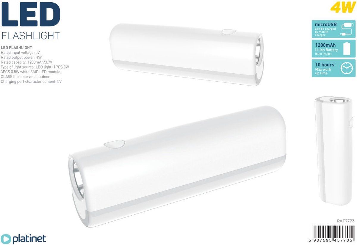 Platinet PAF7773 Mini LED Zaklamp - Wit - 10 uur Batterijlevensduur - Binnen en Buiten