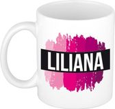 Bellatio Decorations Shoppartners Bv Liliana naam cadeau koffie mok - beker - met roze verfstrepen - Cadeau collega - moederdag - verjaardag - juf - coach - 300 ml - wit