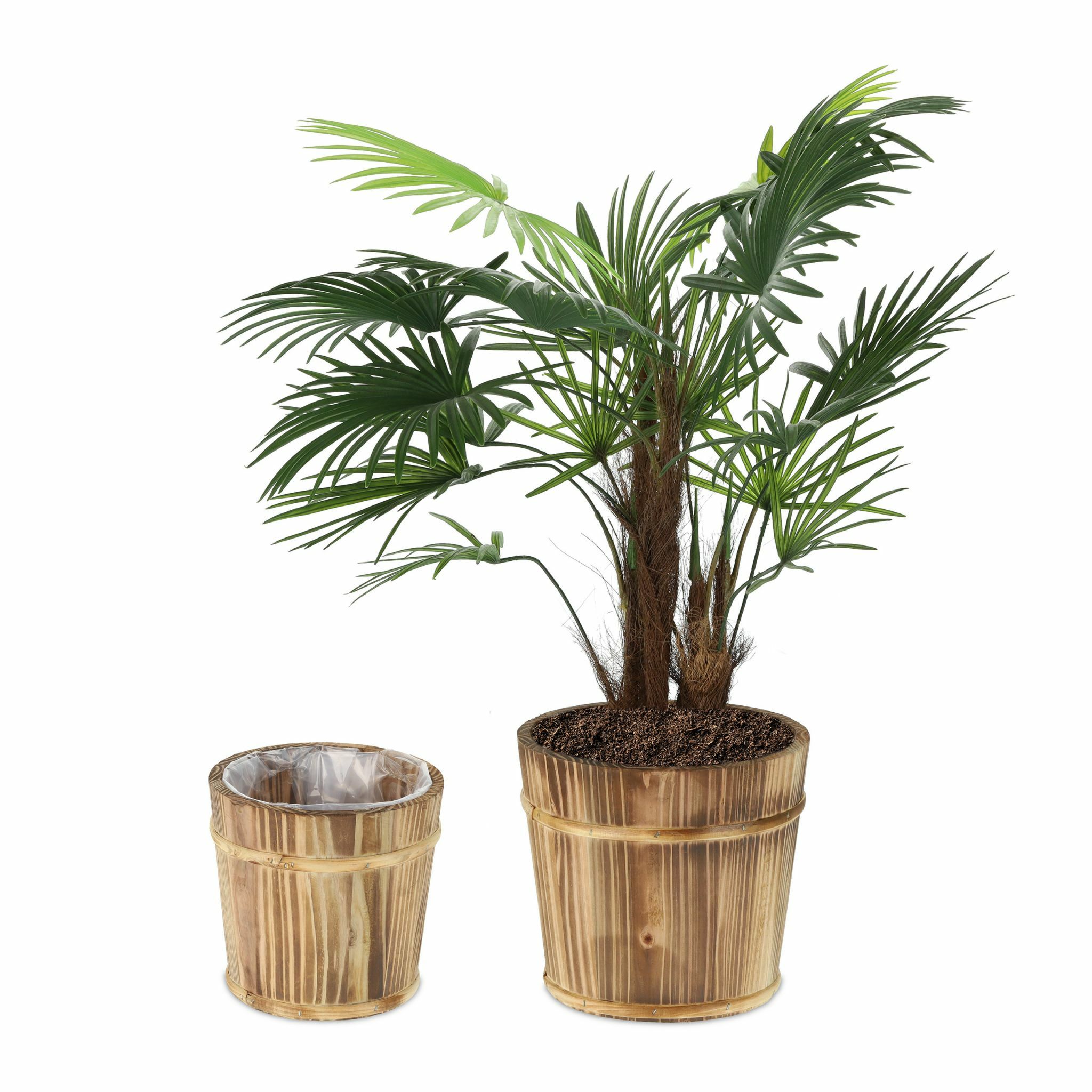 Relaxdays Bloempot hout - set van 2 - plantenpot - rond - 2 groottes - sierpot - natuur