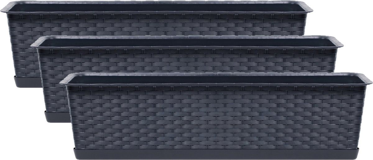 Prosperplast Ratolla - Plantenbakken Set - 3x 10L - 60x17x15cm - Antraciet Grijs - Rotan Look