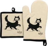 Winkler - Set Ovenwant en Pannenlap met Katten - Beige en Zwart - 18 x 28