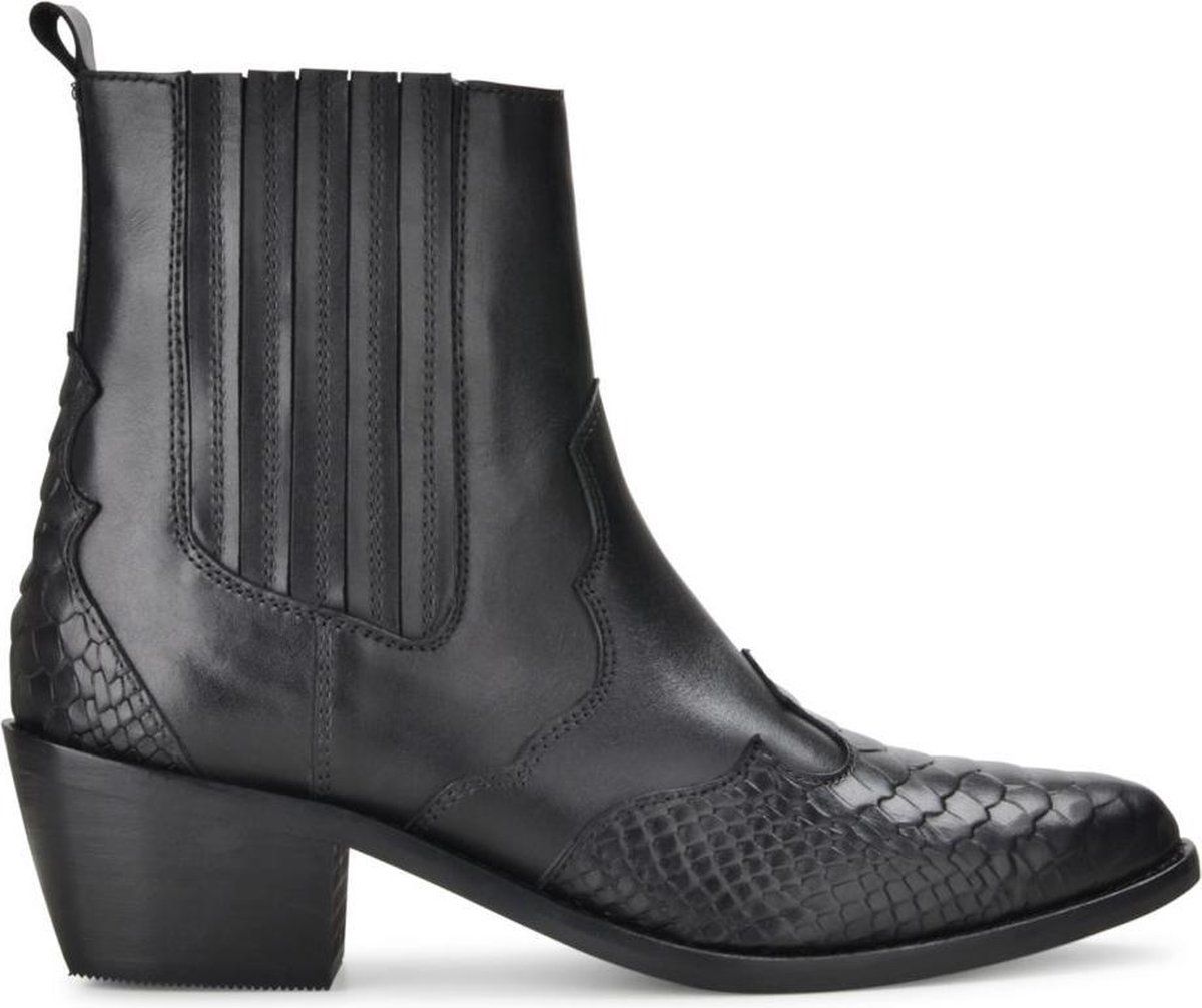 PS Poelman Leren Chelsea Enkellaarzen met Western Snake Print Details - Tartor - Zwart - Dames - Maat 38