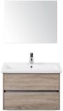 BES LED Como Badmeubelset 80 cm - Greeplijst in Kleur Grijs Eiken - Keramische Wastafel Wit met Spiegel