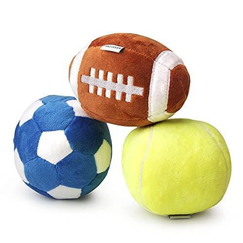 3 Stuks Hondenspeelgoed Voor Middelgrote en Kleine Honden - Rugbybal, Voetbal en Tennisballen - Gevuld Met Pluizig Piepend Puppyspeelgoed