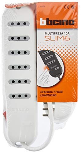 BTicino 3630DB Slim6 stekkerdoos om op te hangen, 6 stopcontacten 10 A met lichtschakelaar aan de zijkant, 2200 W, 250 V, wit