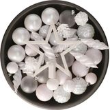Decoris Kerstballen, Ornamenten en Piek Set - 60-delig - Wit - Kunststof