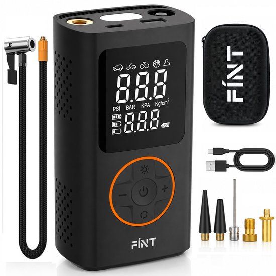 FÍNT® V2 Elektrische Fietspomp - Incl. Opbergtas en 5 Opzetstukken - Luchtcompressor - voor Fiets, Scooter, Motor en Auto - Elektrische Bandenpomp - Oplaadbaar & Draagbaar - Compressor - Tot 10.3 Bar - Incl. Powerbankfunctie - PRO