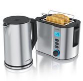 Arendo ontbijtset, 2-delig, waterkoker ELEGANT 1,5L 2000W met temperatuurregeling en broodrooster MANHA met 2 sleuven en broodjesrek, zilver