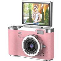 ELVANZA Draagbare digitale camera, 4K HD foto en video, uitklapbaar scherm, 2-in-1 foto/video, kaartlezer, adapter, 64 GB, roze