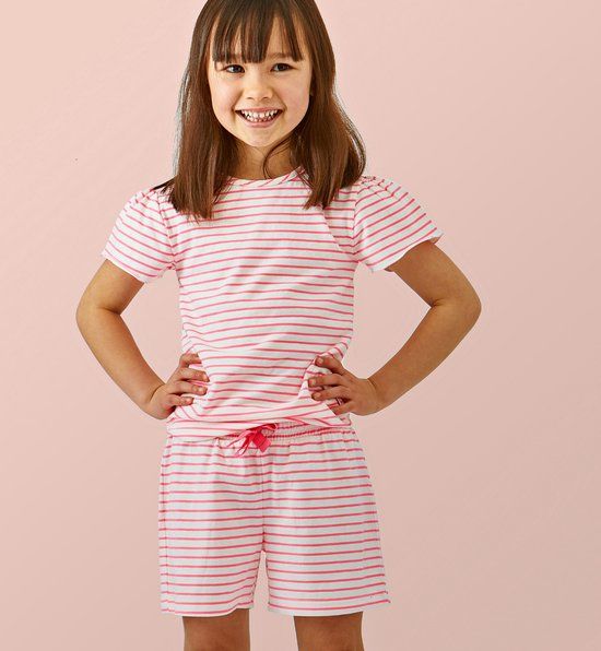 Little Label Pyjama Meisjes Maat 134-140/10Y - Roze, Wit - Bretonse Streep - Shortama - Zachte BIO Katoen