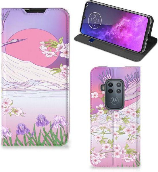 Motorola One Zoom Hoesje - Book Case - Bird Flying - Lichtroze
