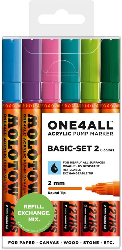 Molotow acryl stiften set - ONE4ALL 2 mm Basis Set 2 - 6 kleuren