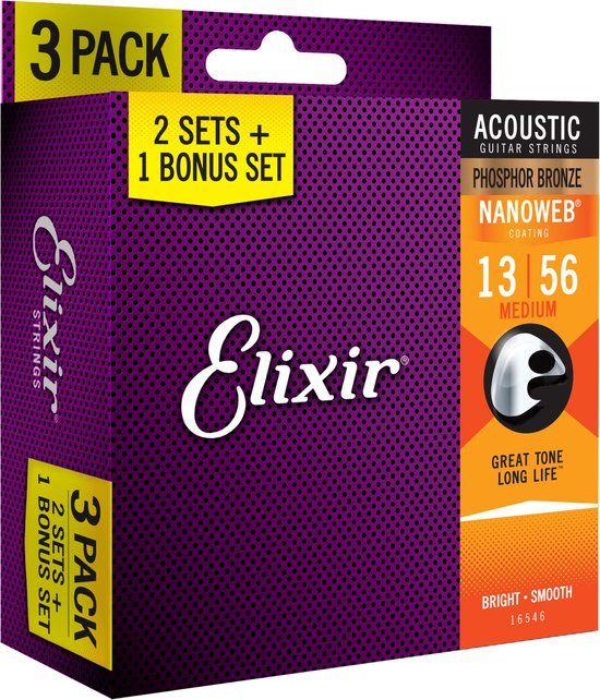 Elixir Elixir® Snaren 16546 Akoestische Phosphor Bronze Gitaar Snaren met NANOWEB® Coating, 3 Pack, Medium (.013-.056)
