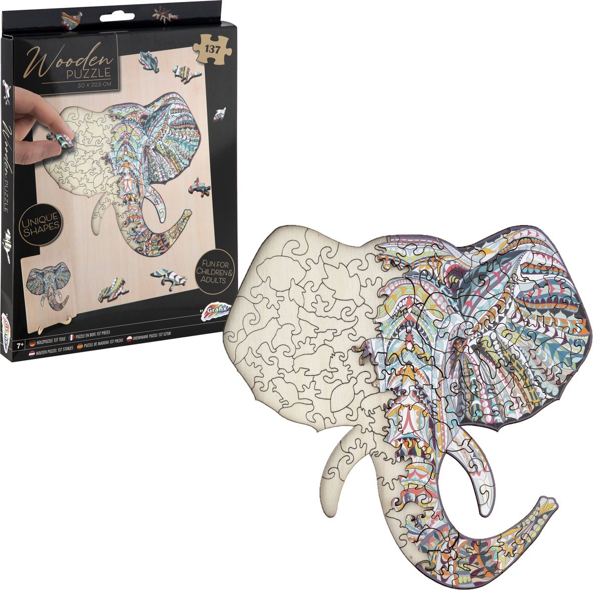 Grafix Houten puzzel Olifant | unieke puzzelstukjes in vorm van dieren | 137 puzzelstukjes | Puzzel voor kinderen en volwassenen | Formaat 30 X 22.5 CM | Cadeau voor jong en oud