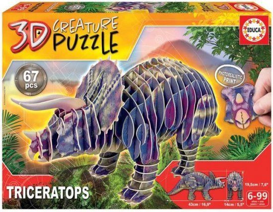 EDUCA - 3D Triceratops Puzzle - 67 Pieces - Ages 6+