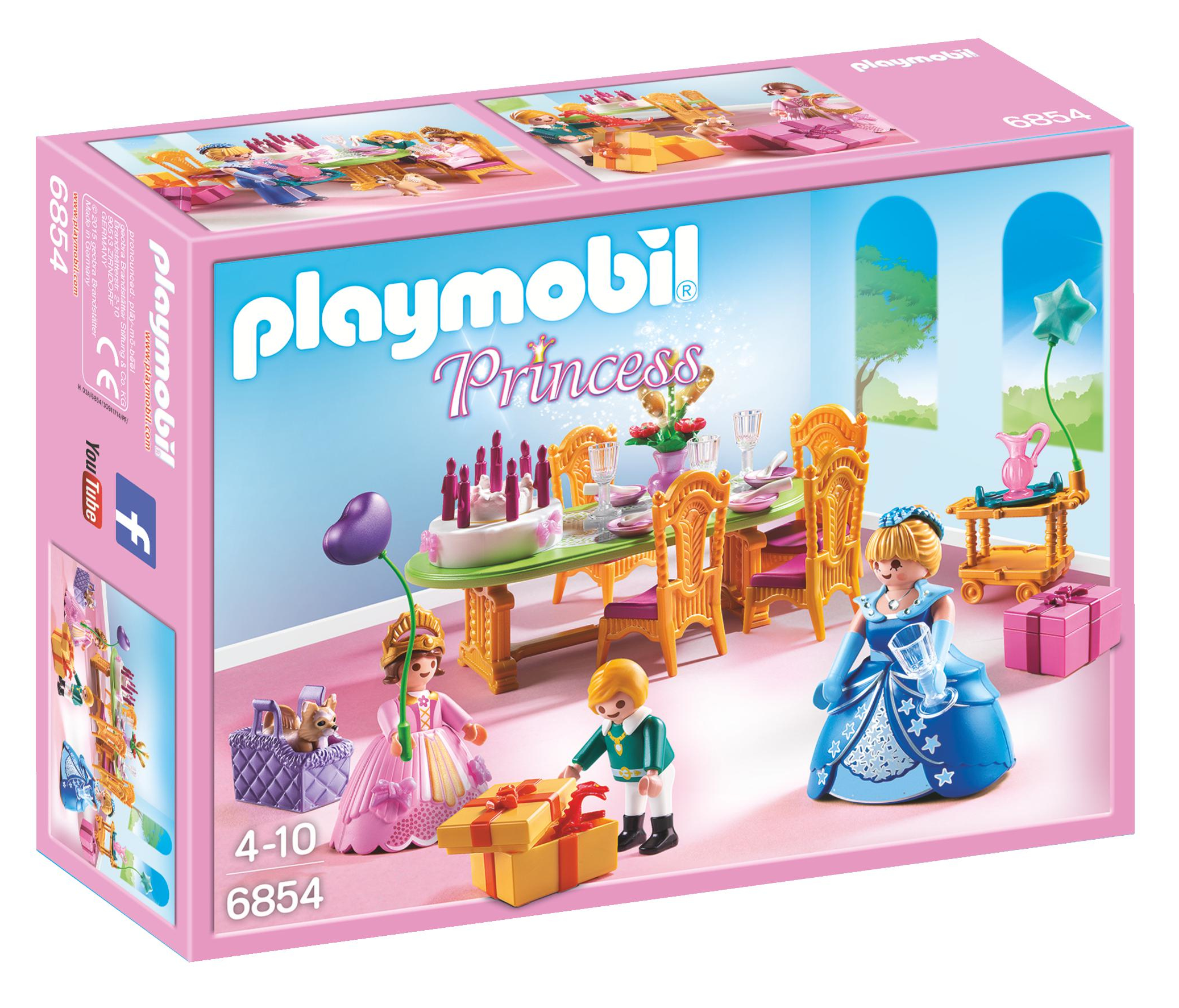 playmobil Princess De tafel staat feestelijk gedekt met een prachtige verjaardagstaart. Alle gasten hebben cadeautjes bij.