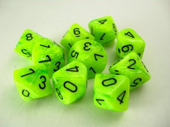 Chessex dobbelstenen set 10 10-zijdig Vortex bright green w/black