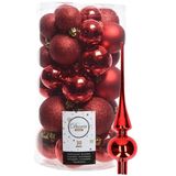 Decoris kerstballen 30x stuks - rood 4/5/6 cm kunststof mat/glans/glitter mix en shiny glas piek 26 cm