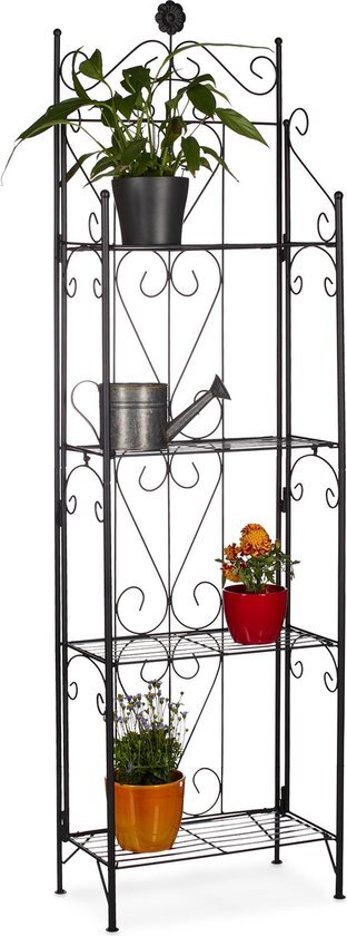 Relaxdays Metalen plantenrek ZWART met 4 etages - opklapbaar - bloemenrek