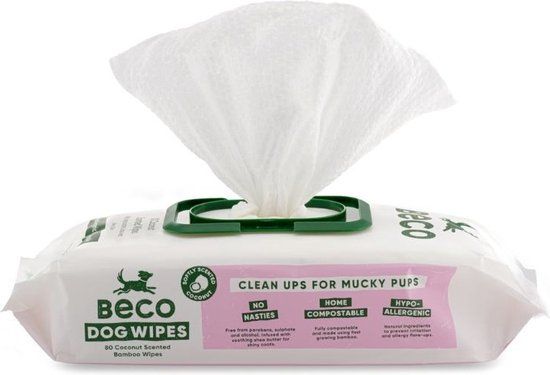 BecoPets Beco Bamboo Dog Wipes - Vochtige reinigingsdoekjes voor honden – Geparfumeerd met Kokosgeur - Reinigt vacht, poten en snoetjes - Inhoud 80 stuks