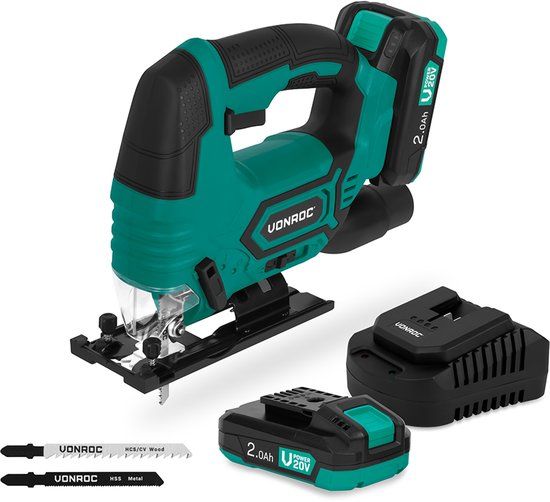 VONROC Accu Decoupeerzaag 20V – 4 pendelstanden – Zaaghoek instelbaar van -45° tot 45° - LED-werklamp – Stofzuig- en blaasfunctie – Incl. 3 zaagbladen - Incl. 2x 2.0Ah Accu en een snellader
